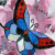 A pixelated butterfly with blue wings, red accents on wing tips, and white patches against a pinkish background.