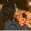 A pixelated animated sequence showing two figures in a dimly lit setting, with one figure holding an object near the other's face.