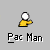 Animated contact sheet of Pac-Man themed buddy icons showing yellow and blue stick figures with white heads, variously interacting with yellow dots and mouth shapes across 12 frames.