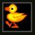 Animated yellow duck with orange beak and feet walking left to right on black background, next to blue text reading "Duckie Eats Bubbles" above a purple bubble.