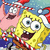 Yellow sponge character with wide eyes and open mouth, pink starfish companion in Santa hat holding candy cane, blue background.