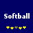 Blue background with white pixelated text "Softball" and five yellow plus signs below, one brown plus sign in the middle, and two yellow plus signs on each side.