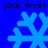 Blue background with four light blue snowflakes and repeated black text 'jack frost' above and below the