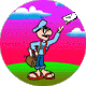 Animated cartoon character in blue uniform holding a letter, standing on green grass with pink sky and clouds.