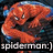 Pixelated orange creature with large eyes and a wide mouth, set against dark background with blue accents; text below reads "spidemon:)".