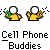 Animated contact sheet of six pixel art frames showing a yellow stick figure buddy holding cell phones with green and orange accents, arranged in two rows on gray background.