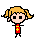 Pixel art of a girl with blonde pigtails wearing red clothing with yellow cross symbols, showing two expressions: open eyes and closed eyes.