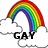 Two side-by-side rainbow and cloud icons with text beneath each cloud, one reading 'GAY' and the other 'PASS'.