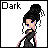 Pixelated character with black updo and blue eyes in side profile, wearing dark sleeveless dress against white background.