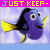 Animated sequence of a blue fish with yellow fins against a light purple background, displaying text overlays that change from 'JUST KEEP' to 'swimmin' and 'swimming'.