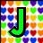 A large green letter J with a black outline dominates the foreground, set against a grid of colorful heart-shaped pixels in red, orange, yellow, green, blue, and purple.