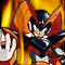 Animated character with dark helmet and red cape, hands raised in front of chest against fiery background.