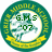 Circular green and yellow emblem with central figure and text variations across three views.
