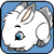 Pixelated static icon of a white cartoon animal with gray ears and blue eye against light blue background.
