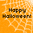Orange background with white spiderweb pattern and black text reading 'Happy Halloween!' in pixelated font.