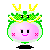 A 4-frame pixel art animation of a cartoon radish character with green leafy top, yellow horns, pink cheeks, and black feet on gray background.