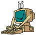 Animated cartoon character with computer monitor head typing on keyboard, displaying smiling face and blinking eyes.