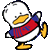 Pixelated cartoon duck with white head, yellow beak, blue and red striped scarf, standing on gray background.