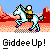 Pixel art animation of a rider on a white horse galloping across desert rock formations with repeated text below.
