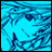 Pixelated blue-toned anime-style face with flowing hair against a blue background, next to black with white text