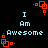 Pixelated text "I Am Awesome" in light blue on black background with orange square corner accents.