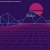 Pixelated retro scene with pink sun, dark blue sky, and grid-patterned water under a bridge.
