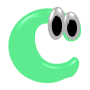 Green C-shaped figure with two distinct facial expressions: one showing large cartoon eyes, the other wearing black sunglasses.