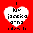 Red background with four white heart shapes containing black text; each heart displays 'i luv jessica anne miesch' in pixelated font.