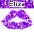 Purple lips with white sparkles and plus signs on a white background, labeled 'Eliza' in black text on a purple banner above.
