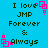 Pixelated blue background with black text reading "I love JMP Forever & Always" and pink square-shaped animations scattered across the image.
