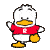 Pixelated duck-like character in red shirt with white 'R' stands against gray background, arms and legs positioned differently between