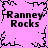 Pixelated pink background with black text 'Ranney Rocks' repeated four times in a , surrounded by jagged black border fragments
