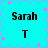 Cyan background with pink star shapes and light blue diamond patterns, displaying four identical each containing 'Sarah' text above a single 'T' character
