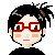 Pixel art avatar with black hair tied in a small ponytail, red glasses, and pink cheeks, displayed in a of identical static frames