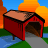 Animated sequence of a red covered bridge over water with orange trees, showing vehicle movement through the archway.