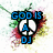 Blue text phrases over a peace symbol with green stems and red-yellow splatter on white background, with one frame showing only the symbol.