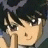 A 48x48 pixel buddy icon featuring a split composition with an anime-style character on the left and text elements on the right against a black background.