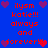 Blue background with red pixelated text and purple/red heart icons arranged in a pattern
