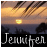 Sunset over water with trees, text 'Jennifer' in white script on black bar; four variations show color and border changes.