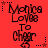 Red background with repeated text "Monica Loves To Cheer" in black, surrounded by small stars and dots.