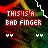 A static digital image displays repeated text "THIS IS A BAD FINGER" in red and white pixelated font over a dark green background with orange zigzag patterns.