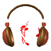 Brown over-ear headphones with red accents and white ear cushion tips, surrounded by animated red musical notes on a gray background.