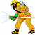 Pixelated fireman icon with green text logo on dark background, showing firefighter in yellow gear spraying water from hose.
