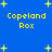 Blue background with yellow pixelated text 'Copeland Rox' repeated four times and scattered yellow star shapes.
