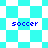 Four identical pixelated 'soccer' text labels appear on a cyan and white checkered background with diamond-shaped patterns.