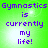 Green background with purple text reading "Gymnastics is currently my life!" in four identical arranged in a
