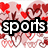 Pixelated icon with bold black-and-white 'sports' text over red heart and pink floral background.