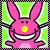 Pixel art with a pink bunny icon and repeated text 'stupid' in various color combinations