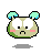 Two pixel-art frames of a cartoon character with green ears, beige face, and pink cheeks showing different expressions on gray background.