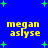 Blue background with green plus signs and yellow text reading 'megan aslyse' in four identical quadrants.